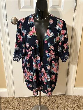 Navy Floral Open Front Kimono with Lace Trim
